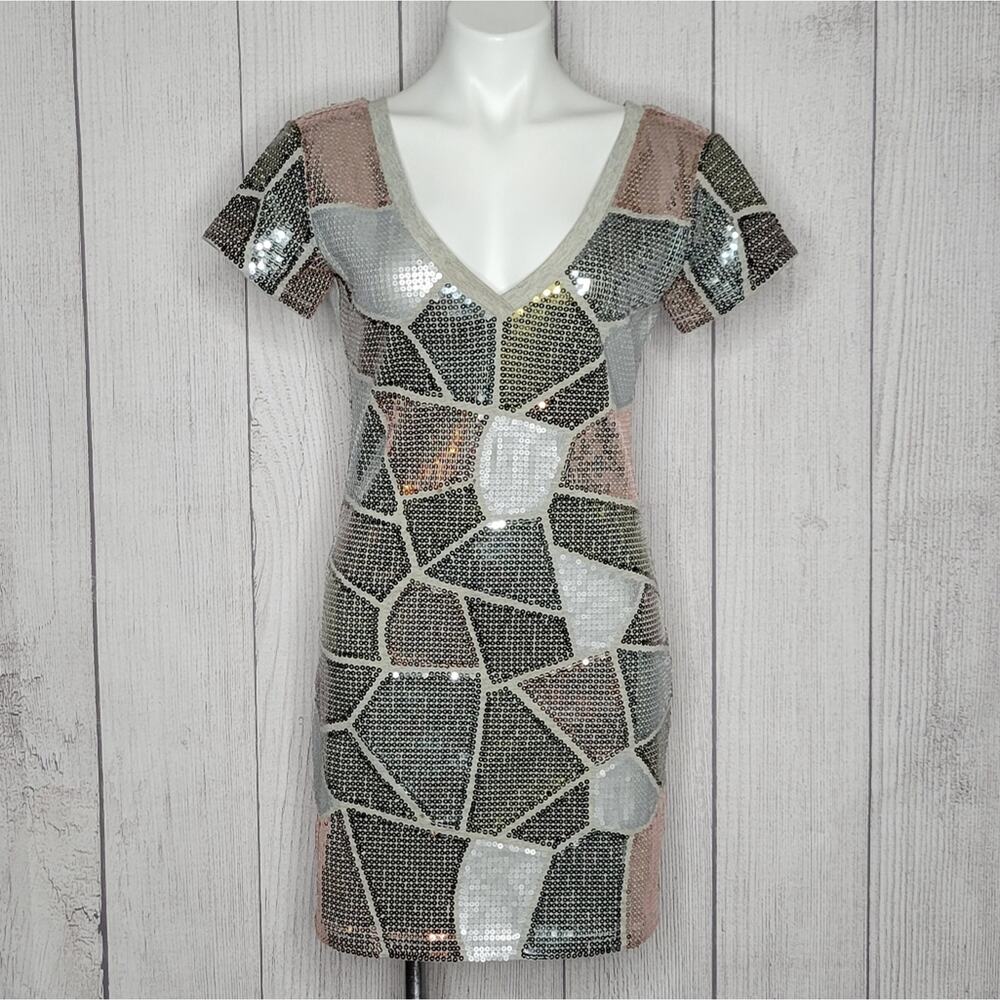 La Rok Sequin Patchwork V-neck Mini Dress, Size Small